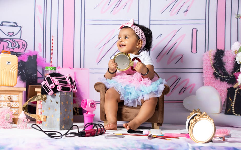 Charming baby girl enjoying playful indoor setup with toys and colorful decor.