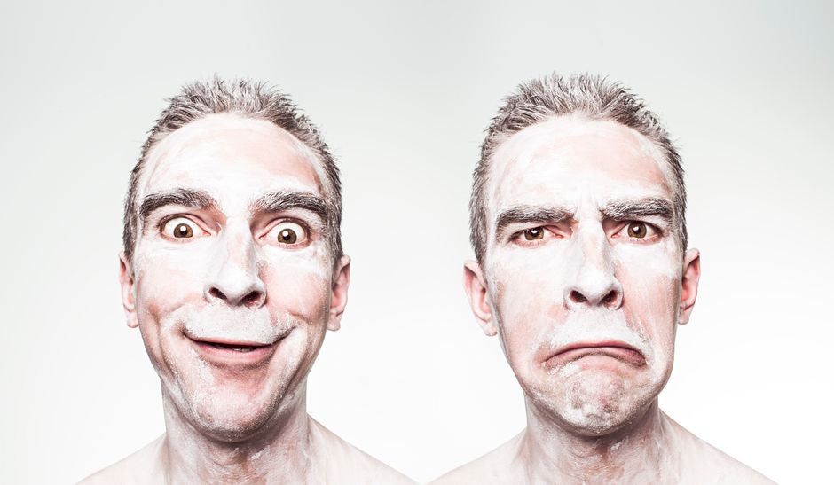 A whimsical portrait showing dual expressions of a man with a painted face.